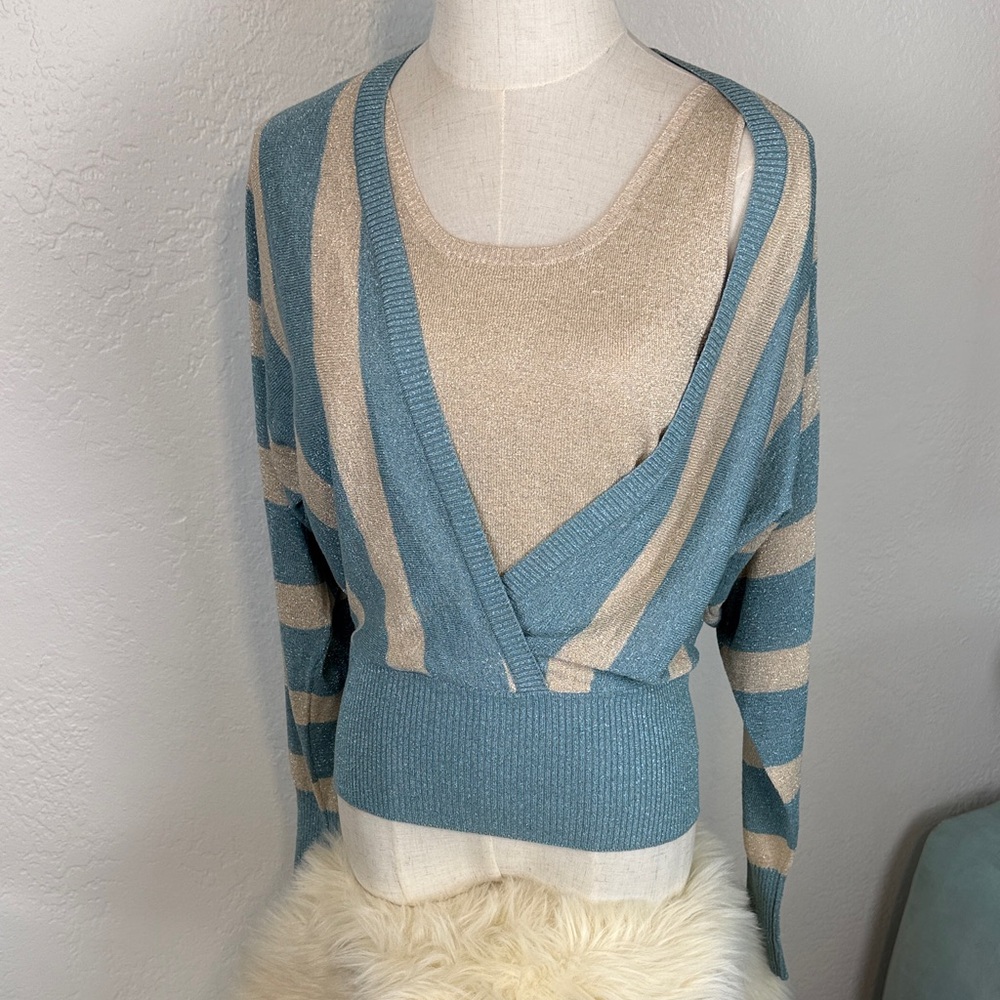 Vintage BCBGMAXAZRIA Metallic Striped Faux-Wrap Knit – Size M - Picture 4 of 14